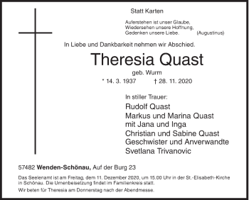 Traueranzeige von Theresia Quast von Siegener Zeitung