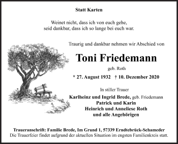 Traueranzeige von Toni Friedemann von Siegener Zeitung
