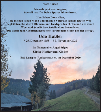 Traueranzeige von Udo Haßler von Siegener Zeitung