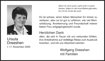 Traueranzeige von Ursula Dreeshen von Siegener Zeitung