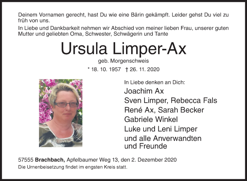  Traueranzeige für Ursula Limper-Ax vom 02.12.2020 aus Siegener Zeitung