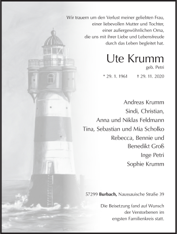 Traueranzeige von Ute Krumm von Siegener Zeitung