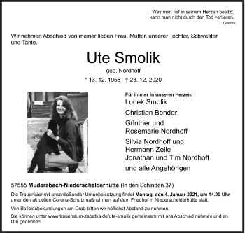 Traueranzeige von Ute Smolik von Siegener Zeitung