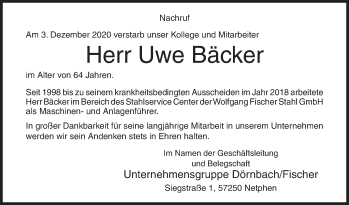 Traueranzeige von Uwe Bäcker von Siegener Zeitung