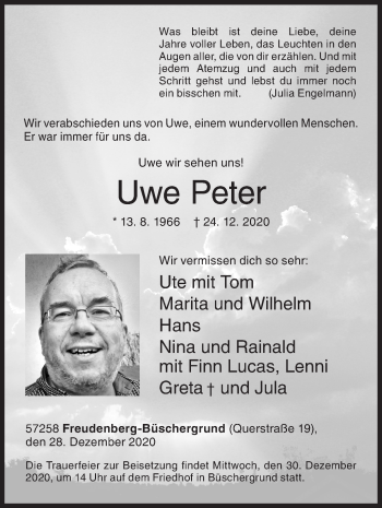 Traueranzeige von Uwe Peter von Siegener Zeitung