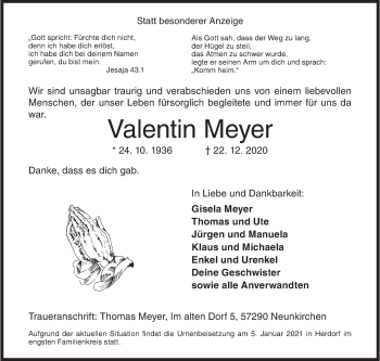 Traueranzeige von Valentin Meyer von Siegener Zeitung