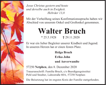 Traueranzeige von Walter Bruch von Siegener Zeitung