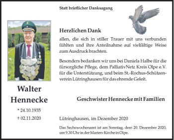 Traueranzeige von Walter Hennecke von Siegener Zeitung