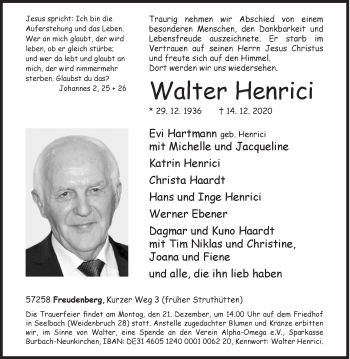 Traueranzeige von Walter Henrici von Siegener Zeitung