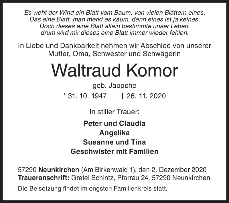  Traueranzeige für Waltraud Komor vom 02.12.2020 aus Siegener Zeitung