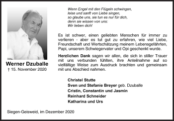 Traueranzeige von Werner Dzuballe von Siegener Zeitung