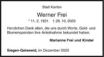 Traueranzeige von Werner Frei von Siegener Zeitung