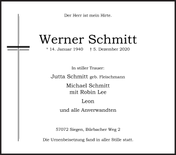 Traueranzeige von Werner Schmitt von Siegener Zeitung