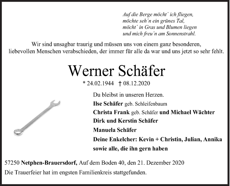  Traueranzeige für Werner Schäfer vom 21.12.2020 aus Siegener Zeitung