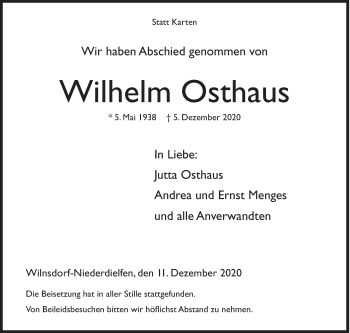 Traueranzeige von Wilhelm Osthaus von Siegener Zeitung