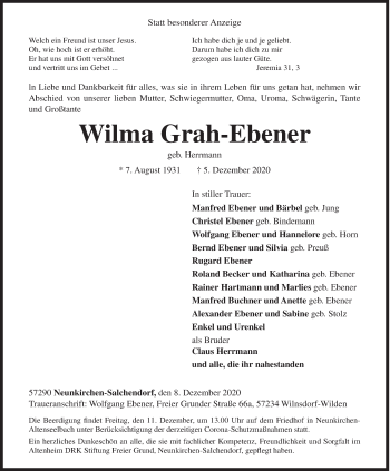 Traueranzeige von Wilma Grah-Ebener von Siegener Zeitung