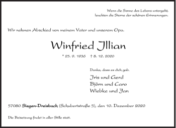 Traueranzeige von Winfried Illian von Siegener Zeitung