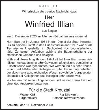 Traueranzeige von Winfried Illian von Siegener Zeitung
