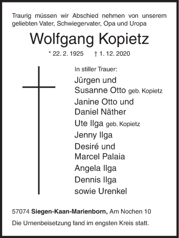 Traueranzeige von Wolfgang Kopietz von Siegener Zeitung