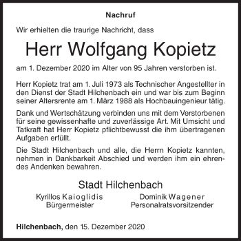 Traueranzeige von Wolfgang Kopietz von Siegener Zeitung