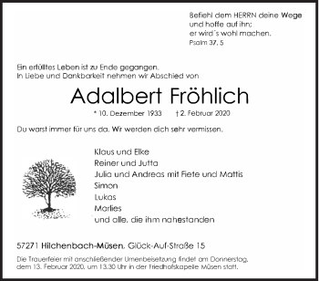 Traueranzeige von Adalbert Fröhlich von Siegener Zeitung