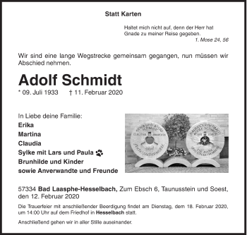 Traueranzeige von Adolf Schmidt von Siegener Zeitung