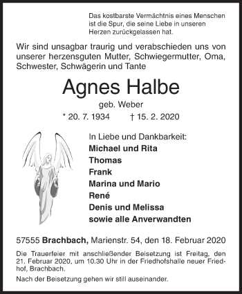 Traueranzeige von Agnes Halbe von Siegener Zeitung