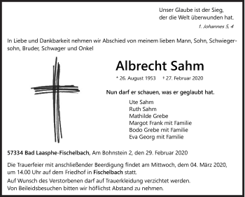 Traueranzeige von Albrecht Sahm von Siegener Zeitung
