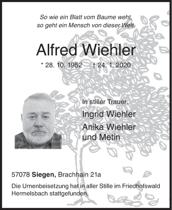 Traueranzeige von Alfred Wiehle von Siegener Zeitung