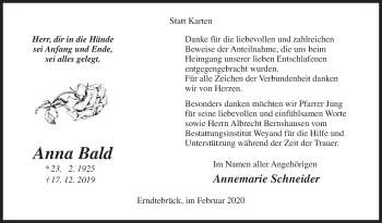 Traueranzeige von Anna Bald von Siegener Zeitung