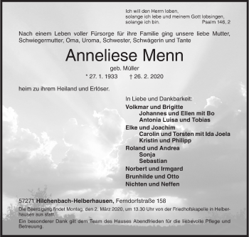 Traueranzeige von Anneliese Menn von Siegener Zeitung