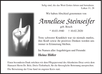 Traueranzeige von Anneliese Steinseifer von Siegener Zeitung