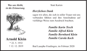 Traueranzeige von Arnold Klein von Siegener Zeitung