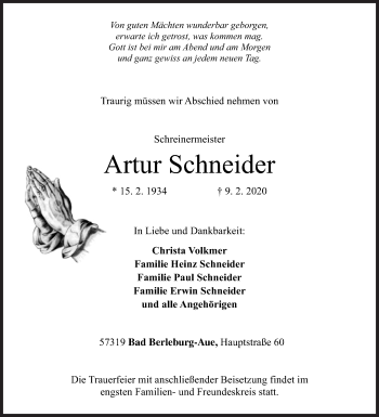 Traueranzeige von Artur Schneider von Siegener Zeitung