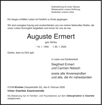 Traueranzeige von Auguste Ermert von Siegener Zeitung