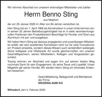 Traueranzeige von Benno Sting von Siegener Zeitung