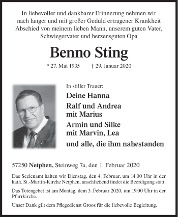 Traueranzeige von Benno Sting von Siegener Zeitung