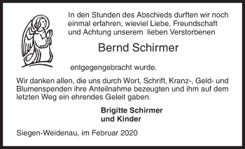 Traueranzeige von Bernd Schirmer von Siegener Zeitung