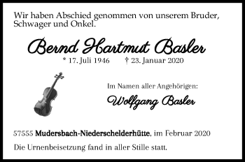 Traueranzeige von Bernd Hartmut Basler von Siegener Zeitung