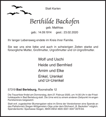 Traueranzeige von Berthilde Backofen von Siegener Zeitung