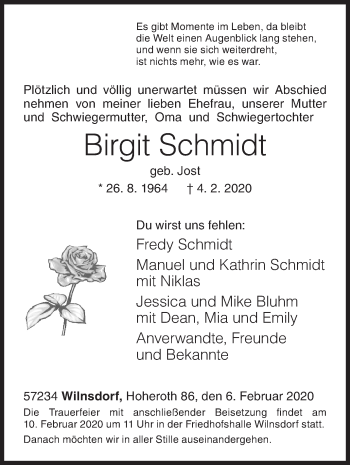 Traueranzeige von Birgit Schmidt von Siegener Zeitung