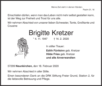 Traueranzeige von Brigitte Kretzer von Siegener Zeitung