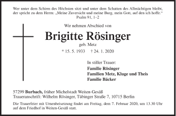 Traueranzeige von Brigitte Rösinger von Siegener Zeitung