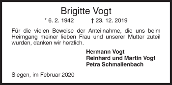 Traueranzeige von Brigitte Vogt von Siegener Zeitung