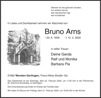 Traueranzeige von Bruno Arns von Siegener Zeitung