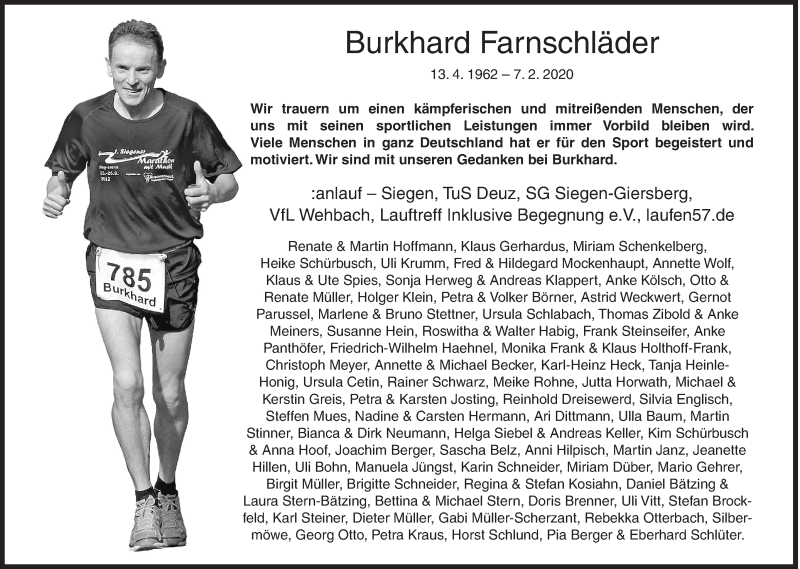  Traueranzeige für Burkhard Farnschläder vom 15.02.2020 aus Siegener Zeitung