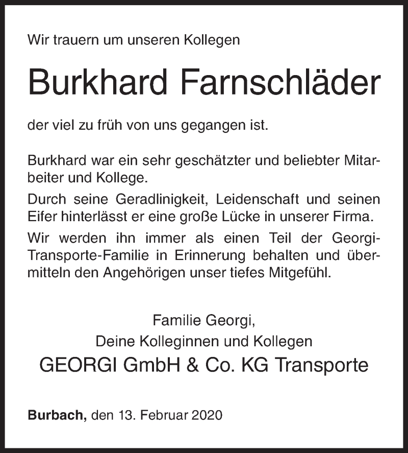  Traueranzeige für Burkhard Farnschläder vom 13.02.2020 aus Siegener Zeitung