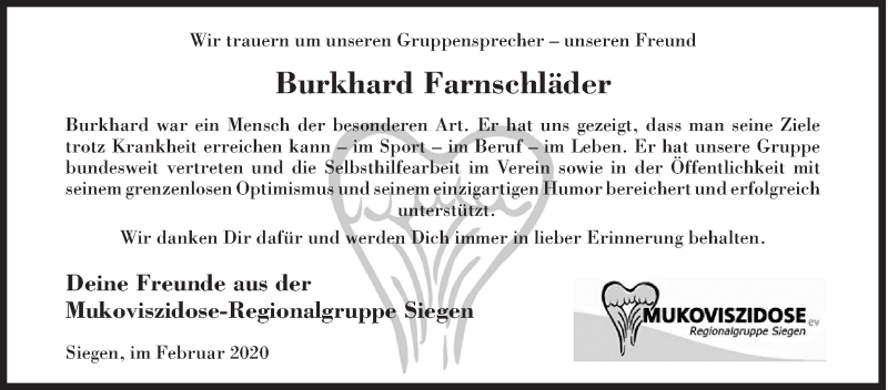  Traueranzeige für Burkhard Farnschläder vom 15.02.2020 aus Siegener Zeitung