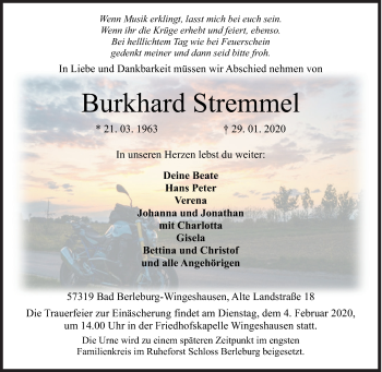 Traueranzeige von Burkhard Stremmel von Siegener Zeitung