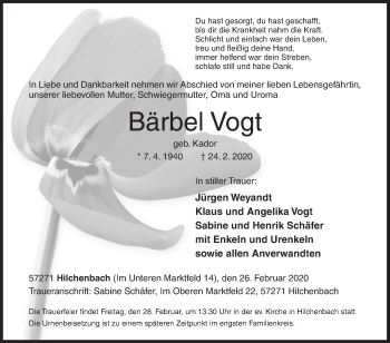 Traueranzeige von Bärbel Vogt von Siegener Zeitung
